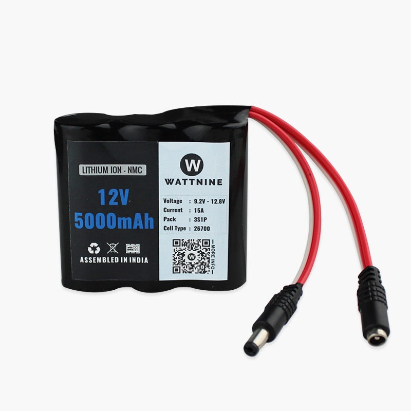 WATTNINE 12V 5000mAh Lithium (NMC) Battery Pack with 3 year warranty - 3C High Current 26700 Cells with BMS