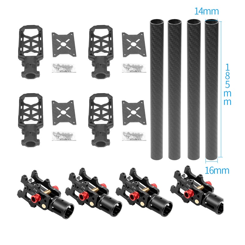 JMT 4PCS 16MM*14MM*185MM 3K Carbon Fiber Tube with 16mm Clamp Type Motor Mount Plate Holder & Z16 Folding Arm Tube Joint for 4-axle Aircraft RC Quadcopter DIY Copter Drone
