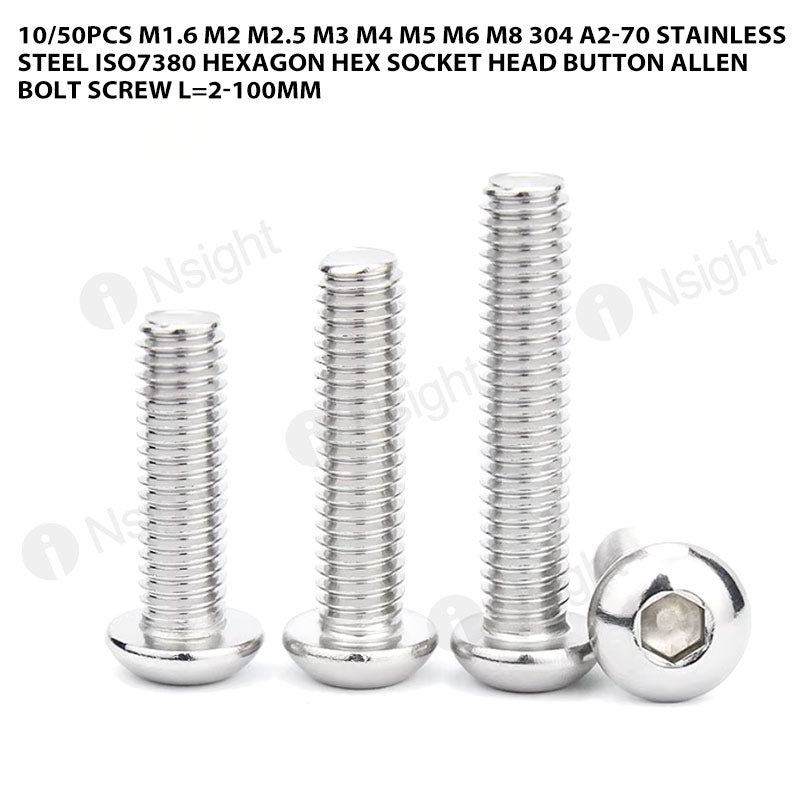 10/50pcs M3 M4 M5 304 A2-70 Stainless Steel ISO7380 Hexagon Hex Socket Head Button Allen Bolt Screw L=2-100mm