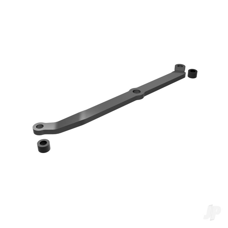 Steering link 6061-T6 aluminium (dark titanium-anodised)/ servo horn metal/ spacers (2)/ 3x6mm CCS (with threadlock) (1)/ 2.5x7mm SS (with threadlock) (1)