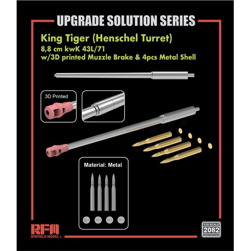 Rye Field Model 2082 1/35 King Tiger 8,8 cm KwK 43/L71 (Henschel Turret) w/3D printed Muzzle Brake & 4 pcs Metal Sheel