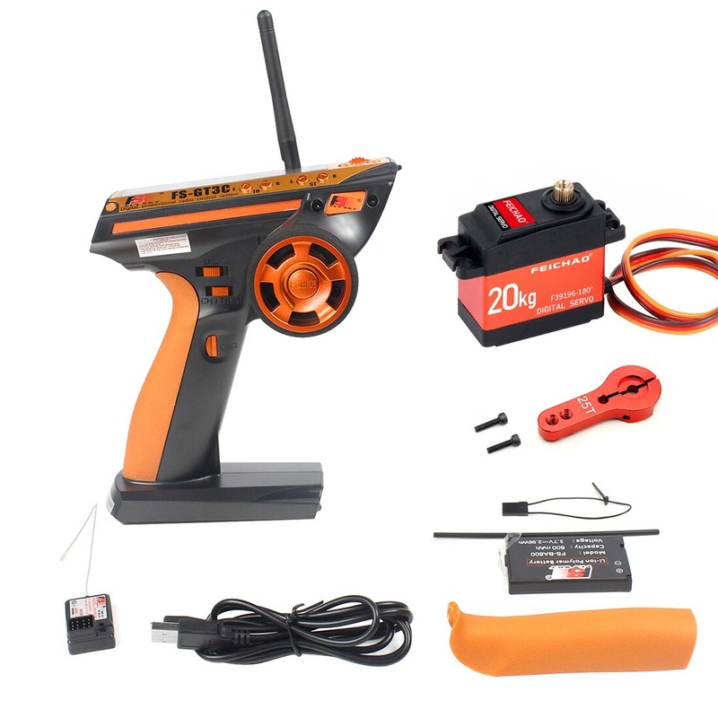 FEICHAO GT3C FS-GT3C 2.4GHz 3CH Transmitter w/ Battery GR3E Receiver 20KG 180/270 Degree Digital Servo 25T Arm For RC Cars Boat Orange TX 180D w Arm