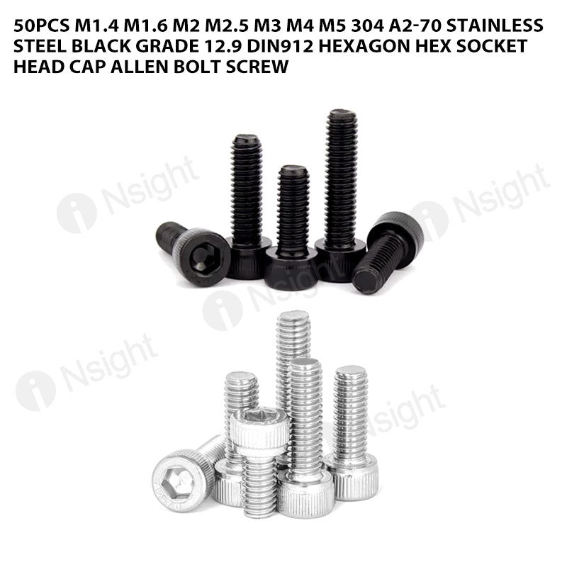 50pcs M2 M2.5 304 A2-70 Stainless Steel Black grade 12.9 DIN912 Hexagon Hex Socket Head Cap Allen Bolt Screw 304 stainless steel