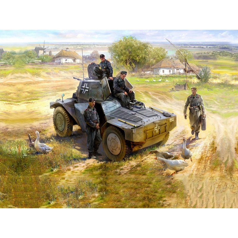 Panzersphwagen P 204 (f) German Armoured Vehicle with 4 Crew Figures & Cat