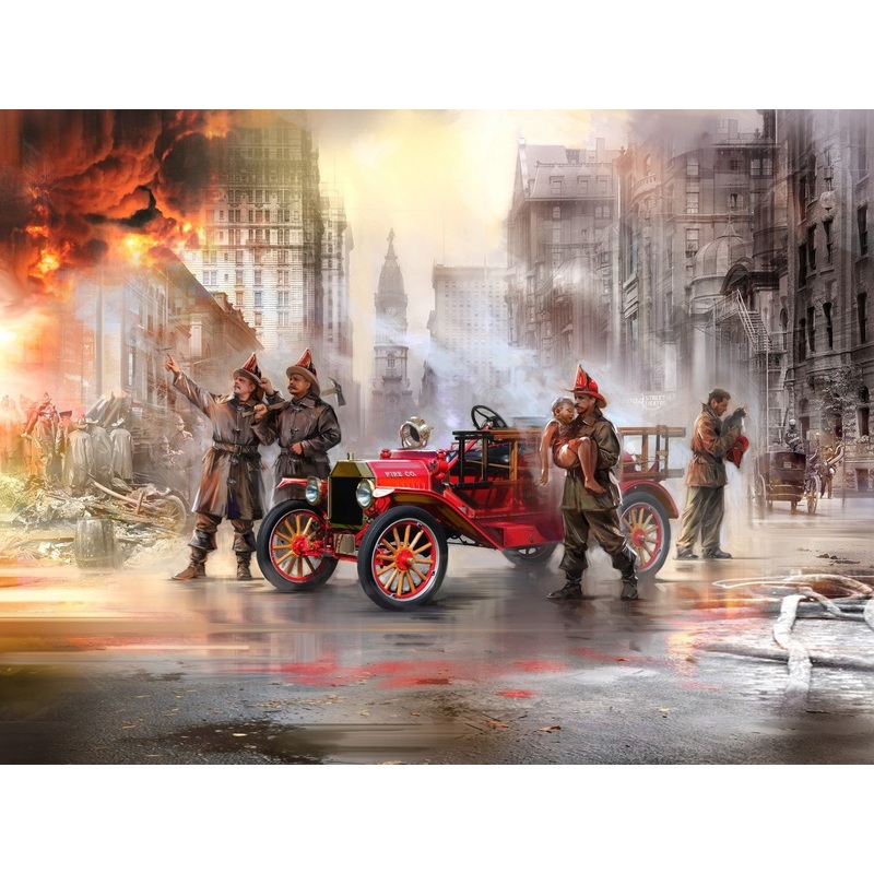 Model T 1914 Fire Truck with 4 Crew Figures Boy & Cat