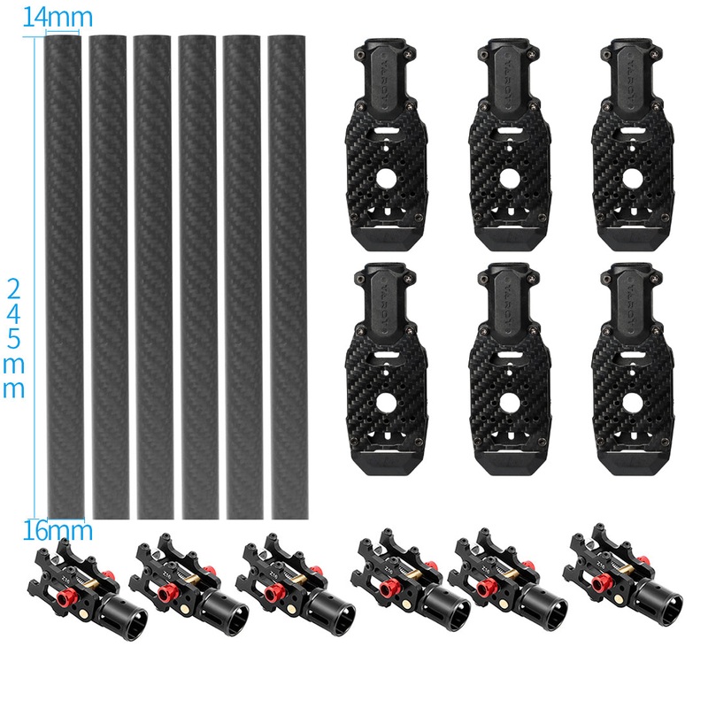 JMT 6PCS 16MM*14MM*245MM 3K Carbon Fiber Tube with 16mm Clamp Type Motor Mount Plate Holder & Z16 Folding Arm Tube Joint for 6-axle Aircraft RC Hexacopter DIY Copter Drone