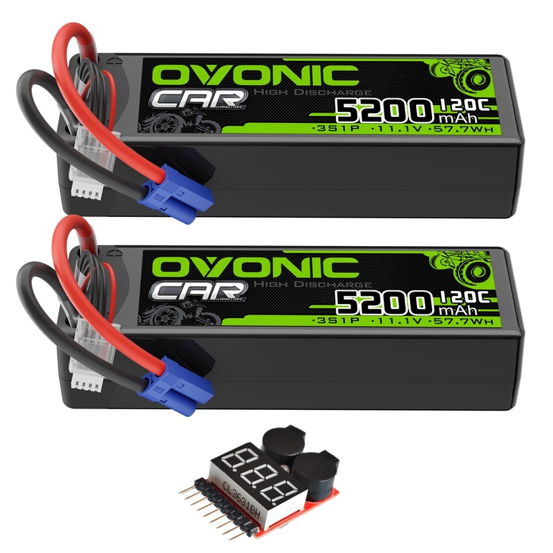 2 x OVONIC 3S LiPo Battery 11.1V 5200mAh 120C with EC5 Plug & Lipo Voltage Checker for 1/8 & 1/10 scale RC Cars Trucks Crawlers Buggies Racing RC Hobby