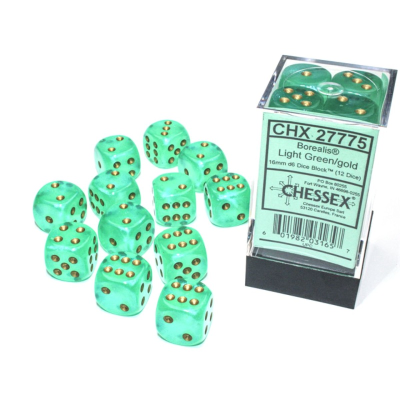 Chessex CHX27775 Borealis Light Green/Gold Luminary D6 Set of 12 (16mm)