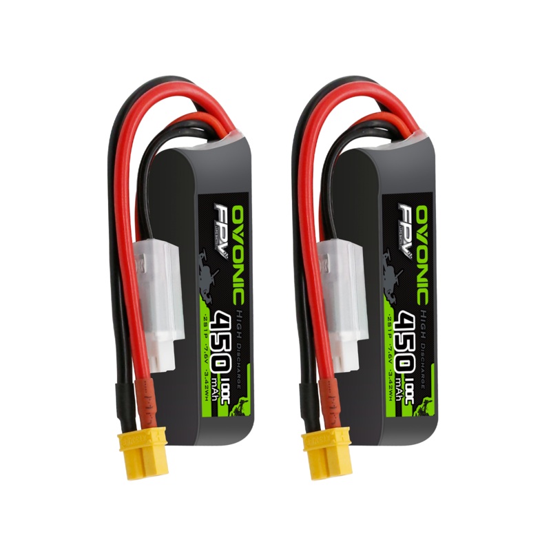 2 x OVONIC 7.6V 100C 450mAh 2S Lipo Battery Long Size with XT30 Plug for 2S TinyWhoop Micro FPV drones Quadcopter