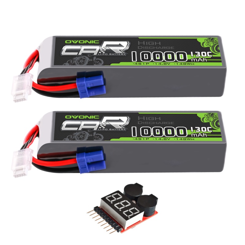 2xOVONIC 4S 10000mAh 14.8V 130C Lipo Battery with EC5 Connector & Lipo Voltage Checker for 1/5 & 1/8 Scale RC Car Truck Boat Large-Scale Airplane RC Racing