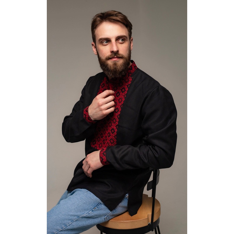Black Embroidered Shirt with Red Pattern