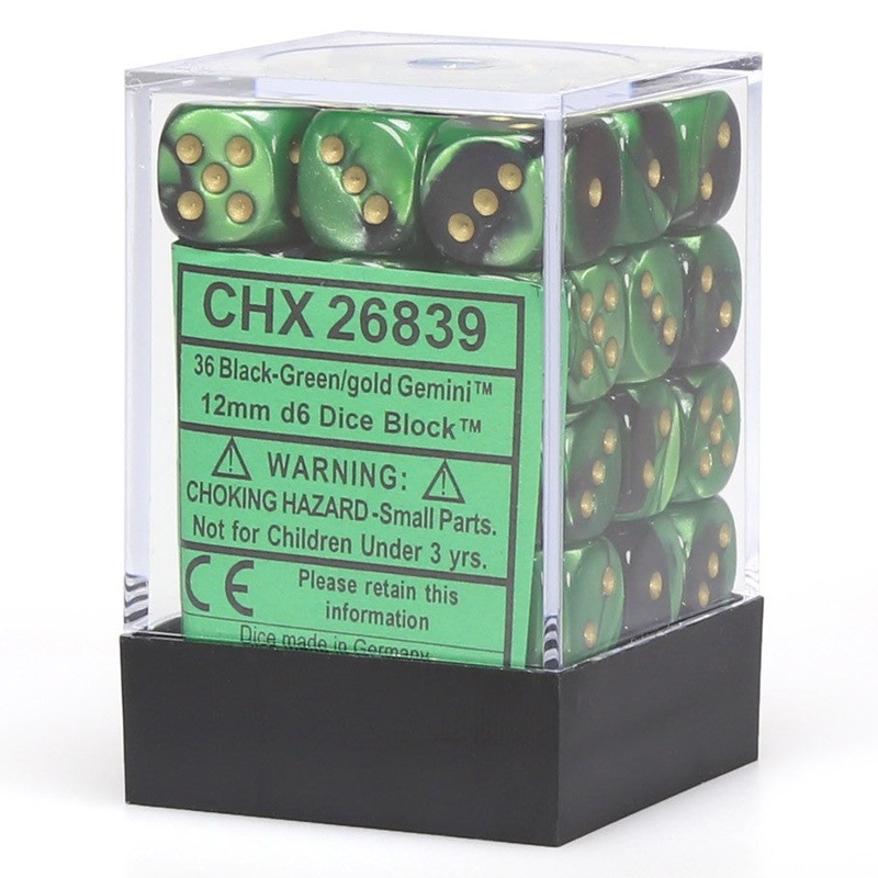 Chessex 26839 Gemini 12mm d6 Black-Green/gold Dice Block (36 dice)