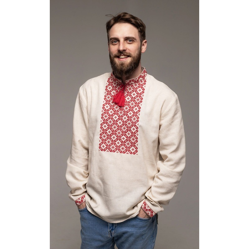Men's Embroidered Shirt with Red Pattern