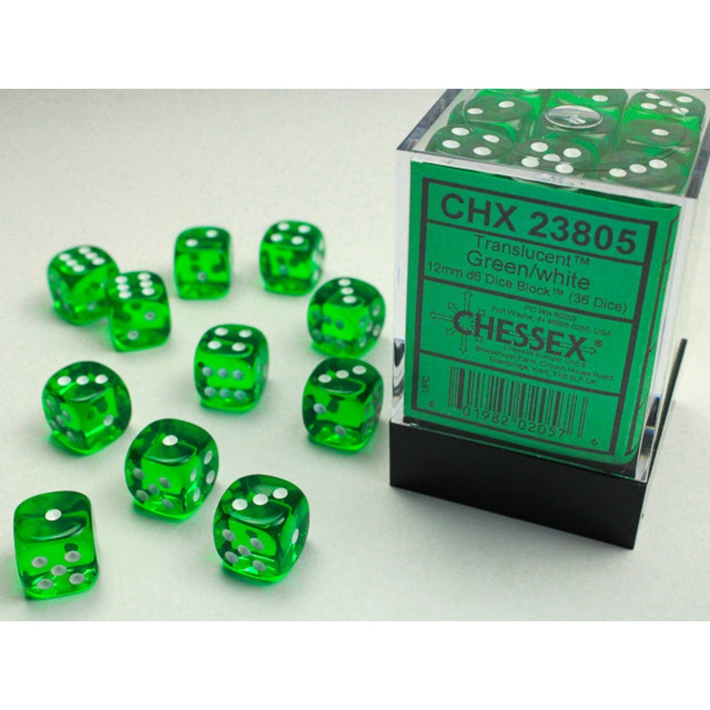 Chessex 23805 Translucent 12mm d6 (36 Dice) Green/whit