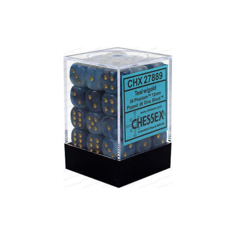 Chessex 27889 Phantom 12mm d6 Teal/gold Dice Block (36 dice)