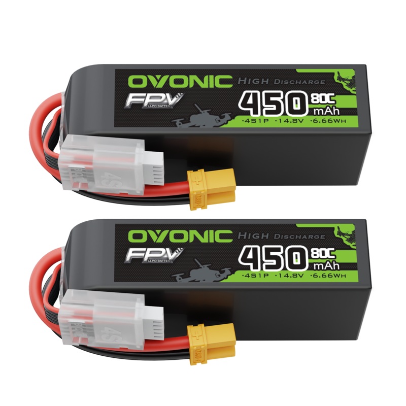 2xOVONIC 80C 450mAh 14.8V 4S Lipo Battery Long Size with XT30 Plug for 90-150mm Quadcopters FPV Cinewhoop Toothpick Drones