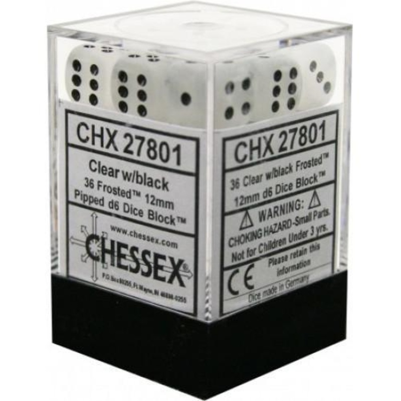 Chessex 27801 Frosted 12mm d6 Clear/black Dice Block (36 dice)