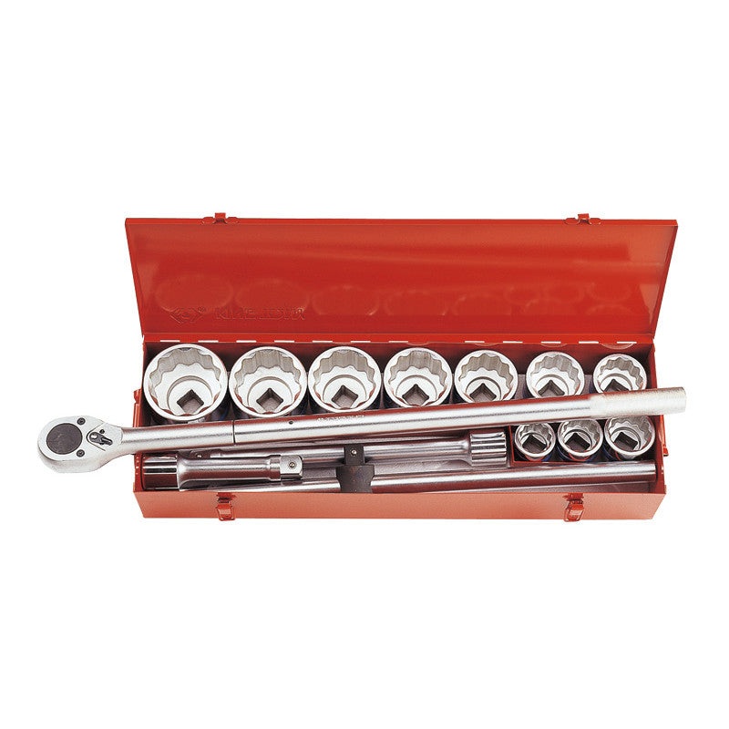 1" Socket Set, 14-Piece, 12-Point, 1-7/16", Ratchet, Extension, Metal Case