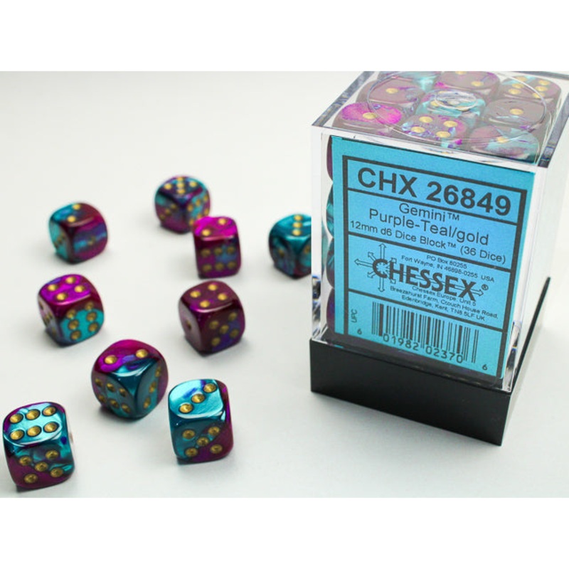Chessex 26849 Gemini 12mm d6 Purple-Teal/gold Dice Block (36 dice)