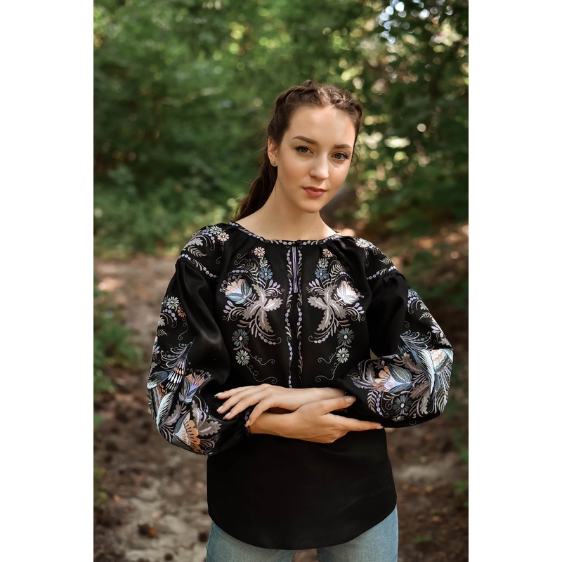Black Women's Blouse in Petrykivka Painting Style