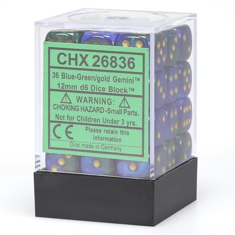 Chessex 26836 Gemini 12mm d6 Blue-Green/gold Dice Block (36 dice)