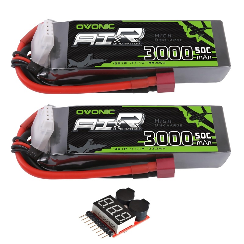2xOVONIC 3S Lipo Battery 50C 3000mAh 11.1V with Dean Plug & Lipo Voltage Checker for Fixed-Wing Planes EDF Jets Gliders & 1/10 RC Cars