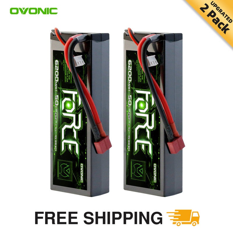 2-Pack Ovonic Force 2S 6200mAh 50C 7.4V Hardcase LiPo Battery w/Deans Plug for 1/10 1/8 RC Car, Boat & Truck