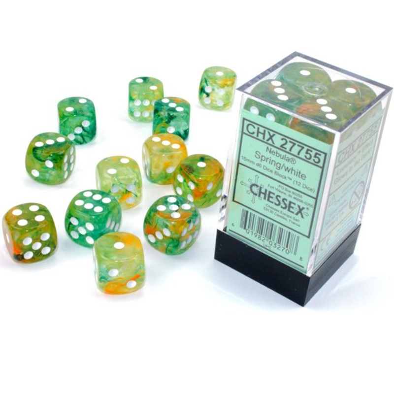 Chessex 27755 Nebula 16mm d6 Spring/white Luminary Dice Block (12 dice)