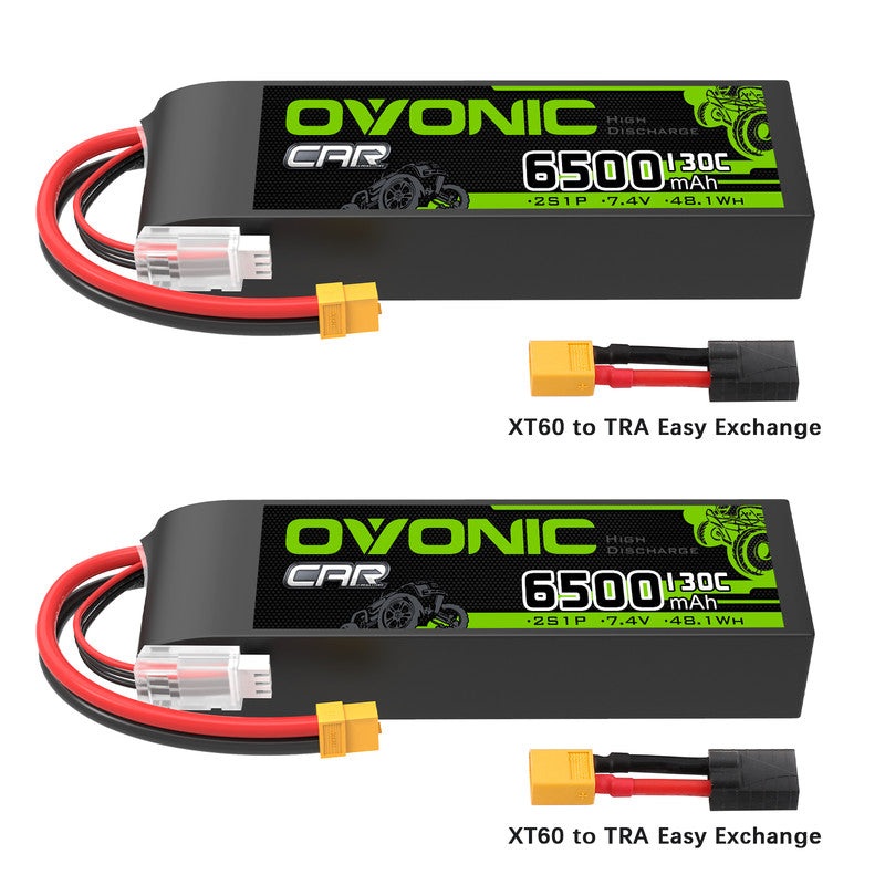 OVONIC 6500mAh 7.4V 130C Hardcase 2S LiPo Battery with XT60 to TRA Plug for 1/10 Scale RC Car Truck RC Vehicles