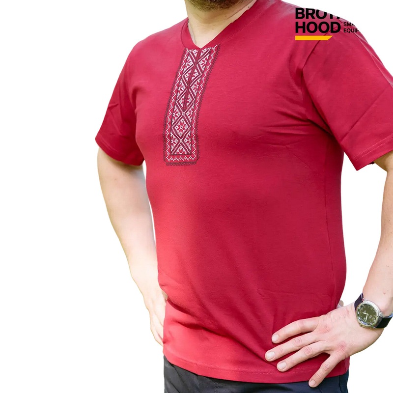 Brotherhood Rugged Men's Red Embroidered T-Shirt - Stylish Comfort