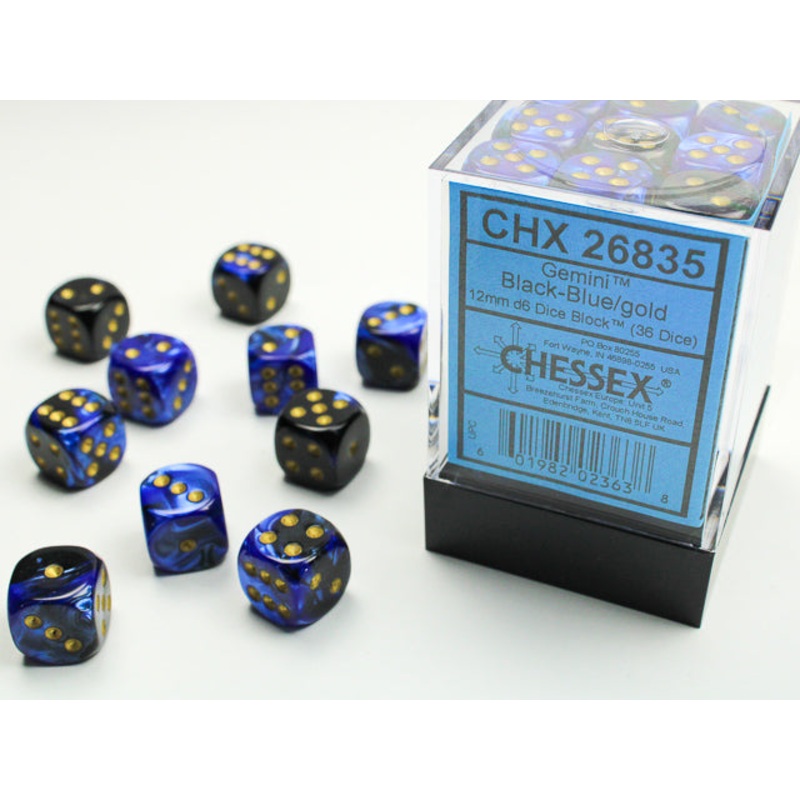 Chessex 26835 Gemini 12mm d6 (36 Dice) Black-Blue/gold