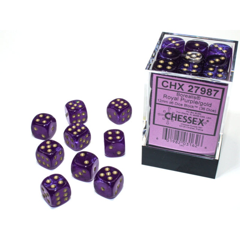 Chessex 27987 Borealis 12mm d6 Royal Purple/gold Luminary Dice Block (36 dice)