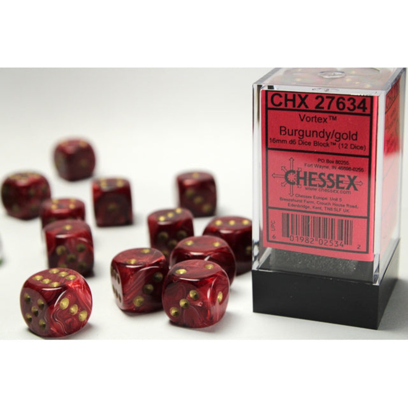 Chessex 27634 Vortex 16mm d6 Burgundy/gold Dice Block (12 dice)