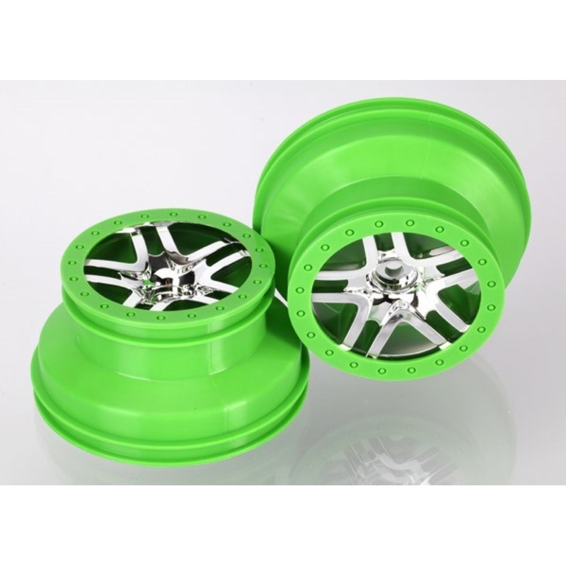 Traxxas 6872X - Wheels Sct Split-Spoke Chrome Green Beadlock Style dual profile (2.2" outer 3.0" inner) (4WD front/rear 2WD rear) (2)
