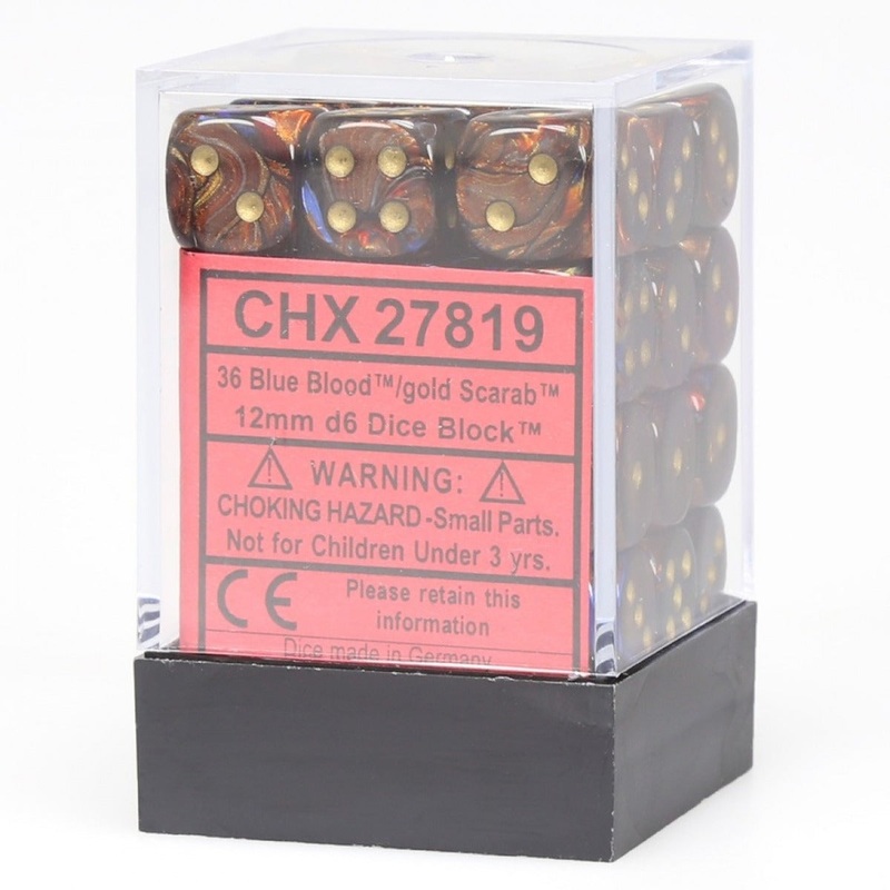 Chessex 27819 Scarab 12mm d6 Blue Blood/gold Dice Block (36 dice)