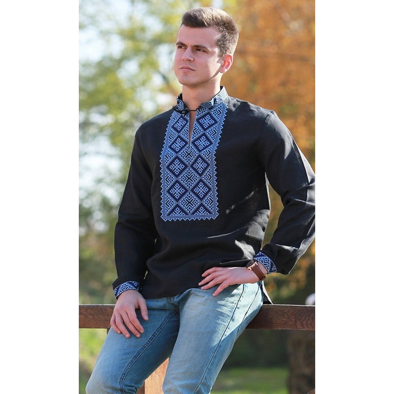 Men's Embroidered Shirt in Black Fabric