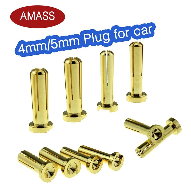 10PCS AMASS 4mm 5mm Banana Plugs Male Authentic Alotted aft Beveled Stable Current 40A Gold Plating 5u For RC Car 4mm plug Male