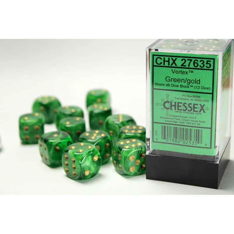 Chessex 27635 Signature 16mm d6 (12 Dice) Vortex Green/Gold