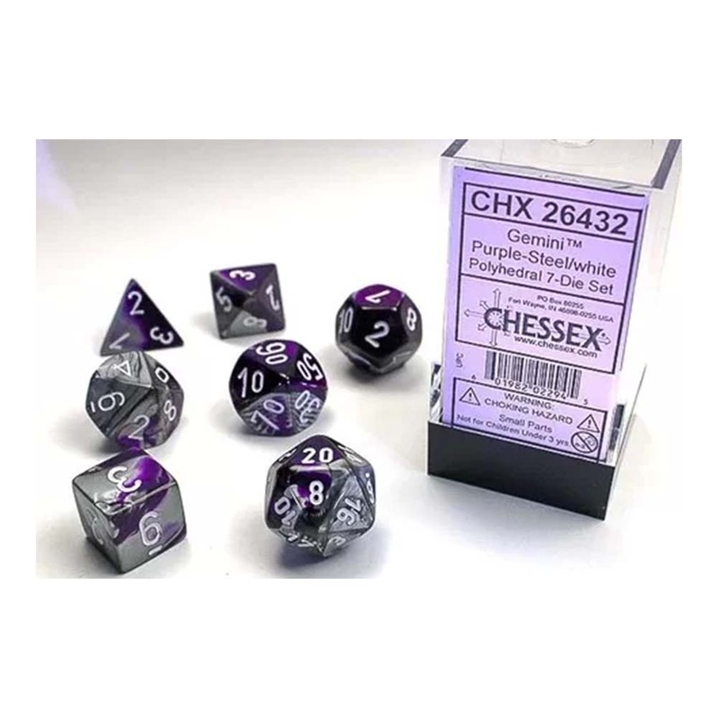 Chessex 26432 Gemini Purple-Steel w/white Classic Poly