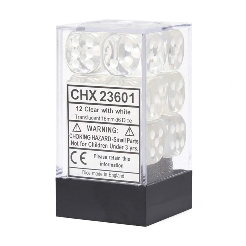 Chessex 23601 Translucent 16mm d6 Clear/white Dice Block (12 dice)