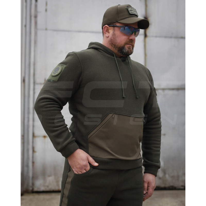 Hooded Fleece Jacket with Velcro Reinforcements in Khaki Softshell