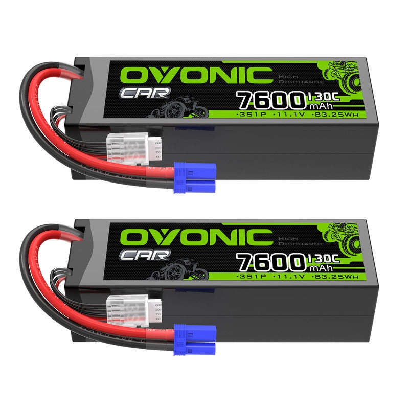 2 x OVONIC 3S 7600mAh Hardcase 130C 11.1V Lipo Battery with EC5 Plug for 1/8 & 1/10 Scale RC Car Boat Helicopter
