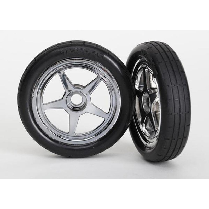 Traxxas 6975 - Tires & Wheels Assembled Glued (5-Spoke Chrome Wheels Tires Foam Inserts) (Front) (2)