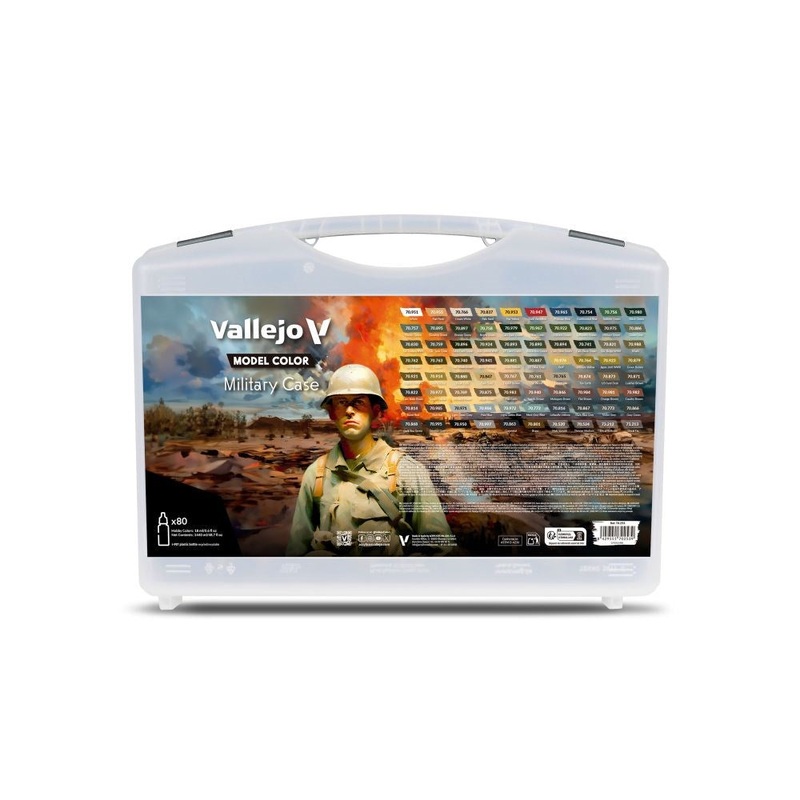 Vallejo 70253 Military Case. Includes: 76 Colors + 4 auxiliaries selected for camouflage schemes & military uniforms - 80 Colors case