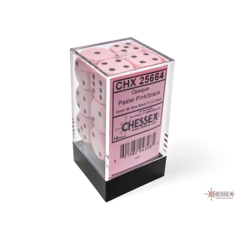Chessex 25664 Opaque 16mm d6 Pastel Pink/black Dice Block (12 dice)